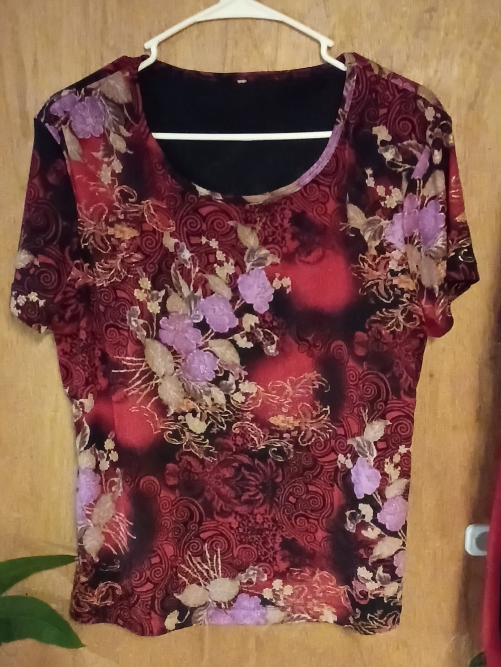 Women's Burgundy Floral Short-Sleeve Tee with Purple Accents